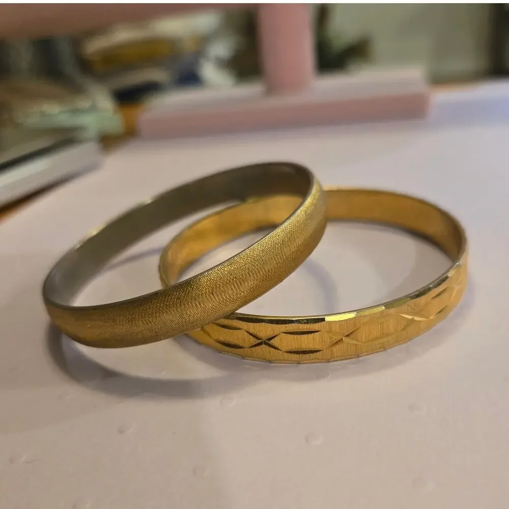 Vintage MONET Signed Gold Tone Bangle Bracelet Set Stackable Textured Pair